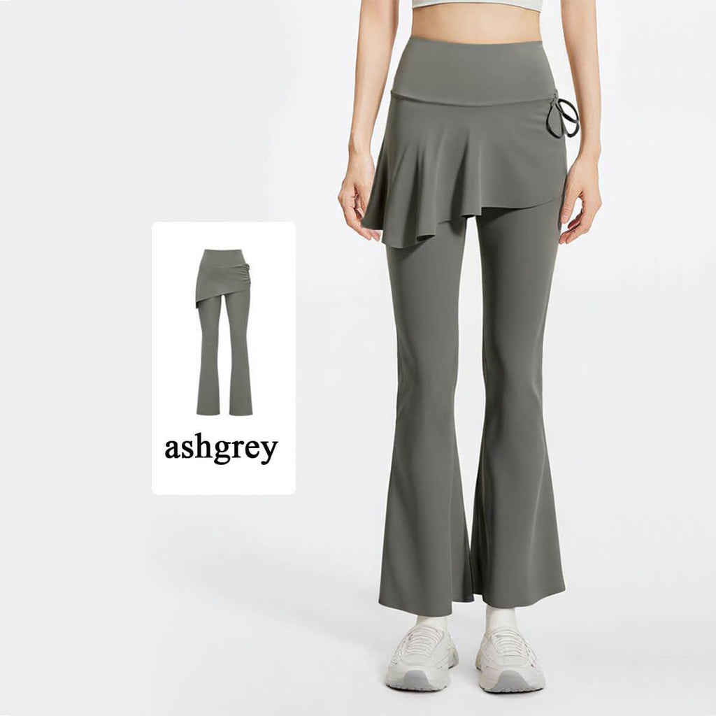 Front view of Women's 2-in-1 Flare Skirted Leggings in Ash Grey, featuring a high-waisted fit and an asymmetrical ruffled skirt overlay.