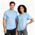 Couples wearing light blue cooling liquid ammonia mercerized cotton T-shirts for a clean minimalist look.