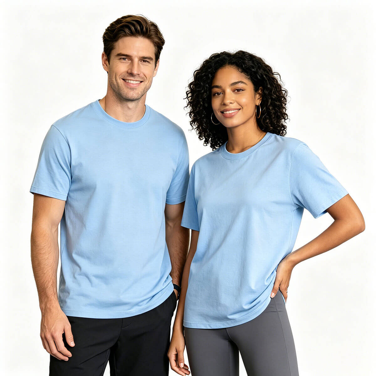 Couples wearing light blue cooling liquid ammonia mercerized cotton T-shirts for a clean minimalist look.