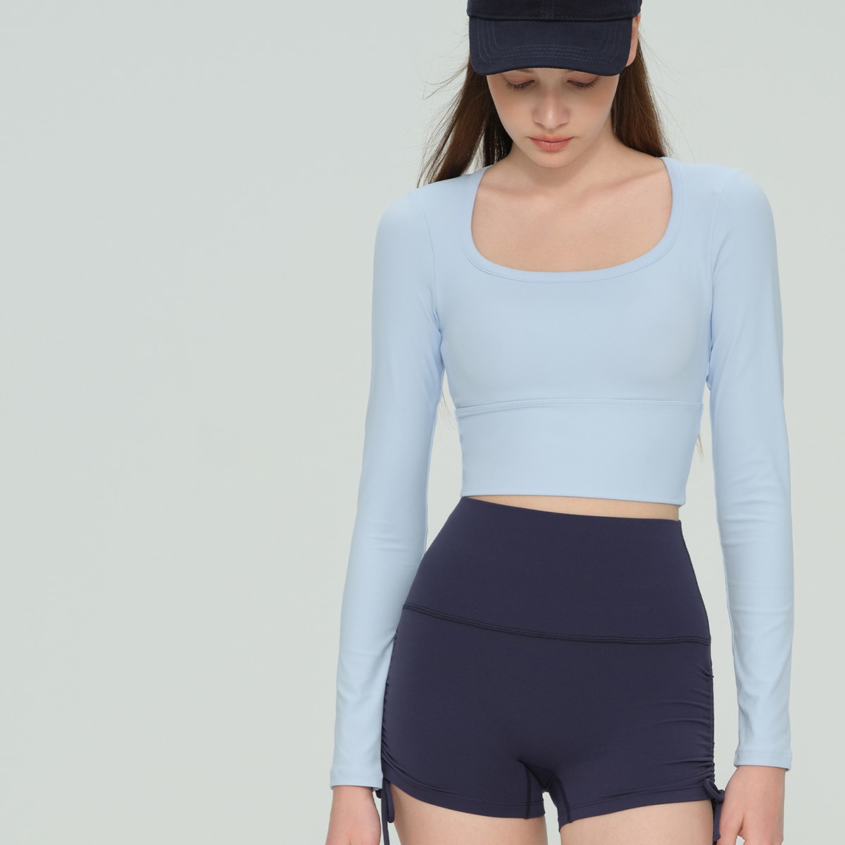 Women's Square Neck Long Sleeve Crop Top | Built-In Padded Workout Shirt