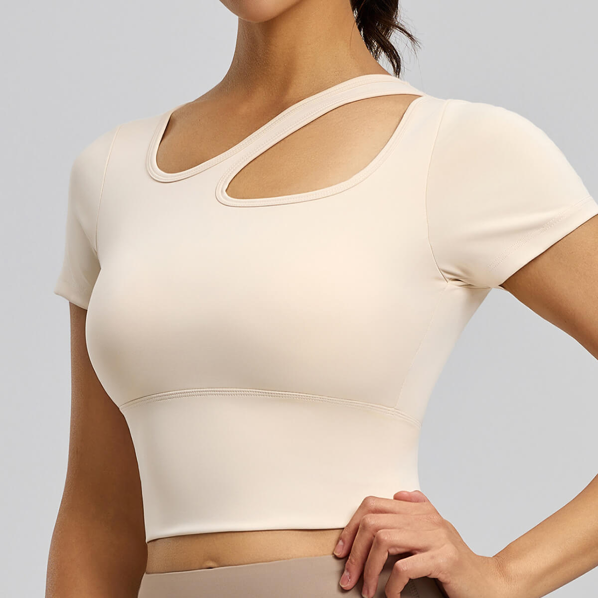 Custom Women's Asymmetric Cutout Yoga Top | Short Sleeve Crop Top with Built-in Bra