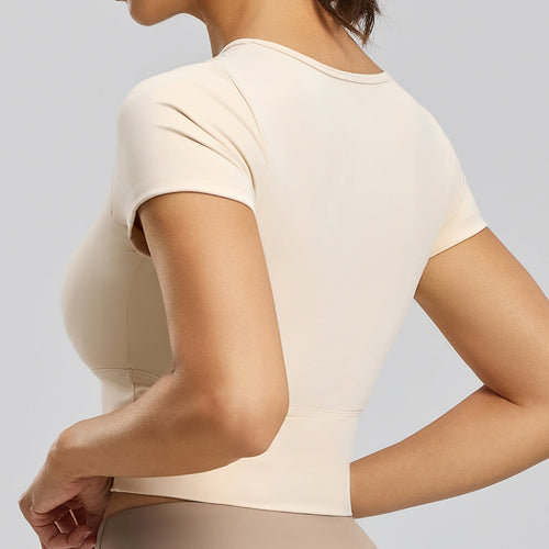 Custom Women's Asymmetric Cutout Yoga Top | Short Sleeve Crop Top with Built-in Bra