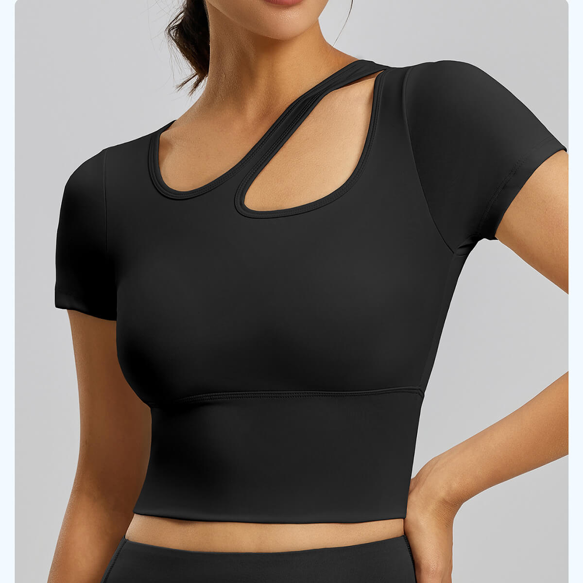 Custom Women's Asymmetric Cutout Yoga Top | Short Sleeve Crop Top with Built-in Bra