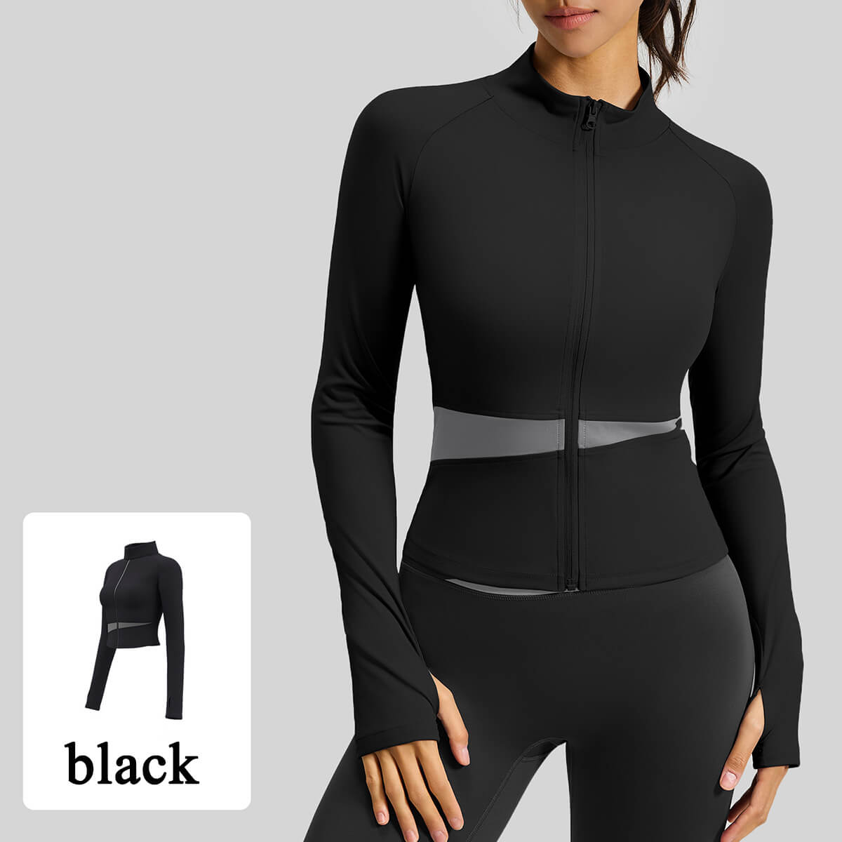 Custom Women's Color Block Yoga Jacket - Zipper Stand Collar with Thumbholes