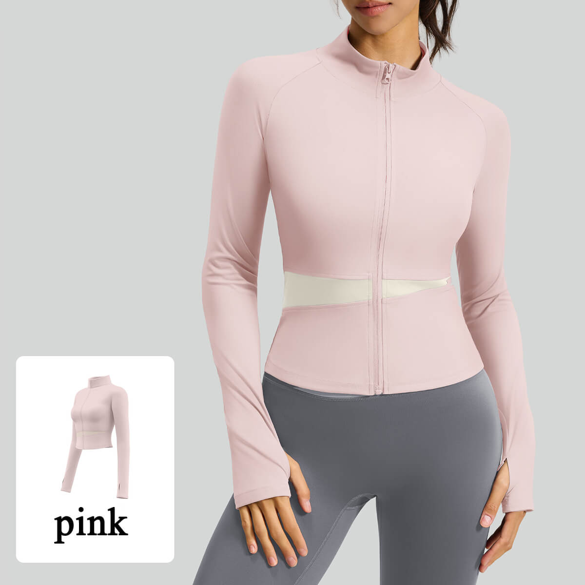 Custom Women's Color Block Yoga Jacket - Zipper Stand Collar with Thumbholes