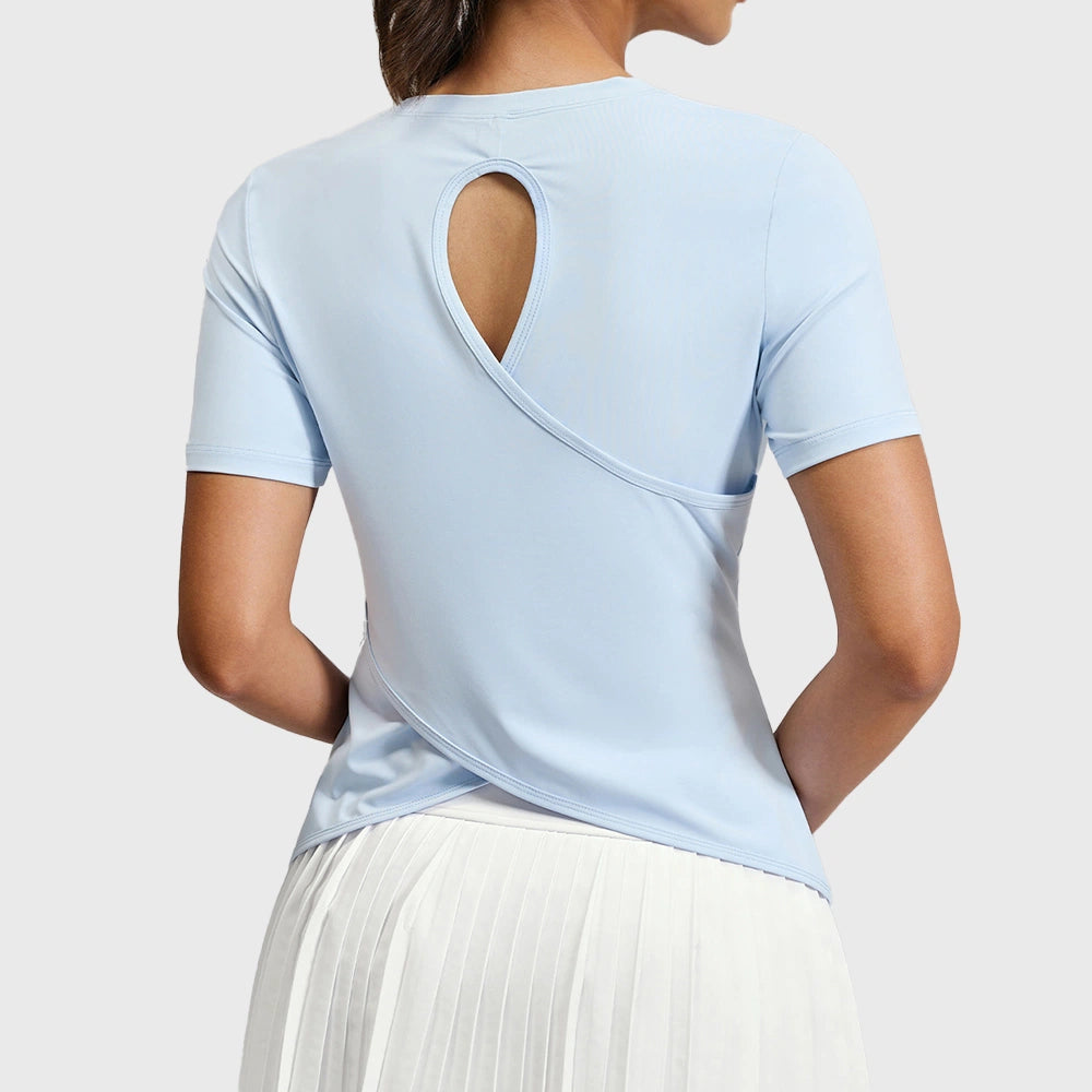 Women's Open-Back Crossover Tennis Tee | Cutout Yoga Short Sleeve