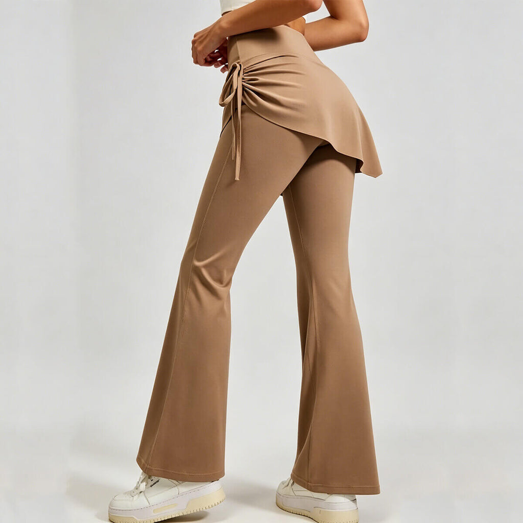 Rear view of 2-in-1 high-waisted skirted flare pants, showcasing the flowy skirt overlay for modest hip coverage and flattering fit.