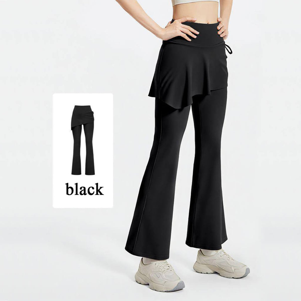 Slimming Black 2-in-1 Skirted Flare Yoga Pants with tummy control waistband and stylish ruffled skirt overlay for modest coverage.