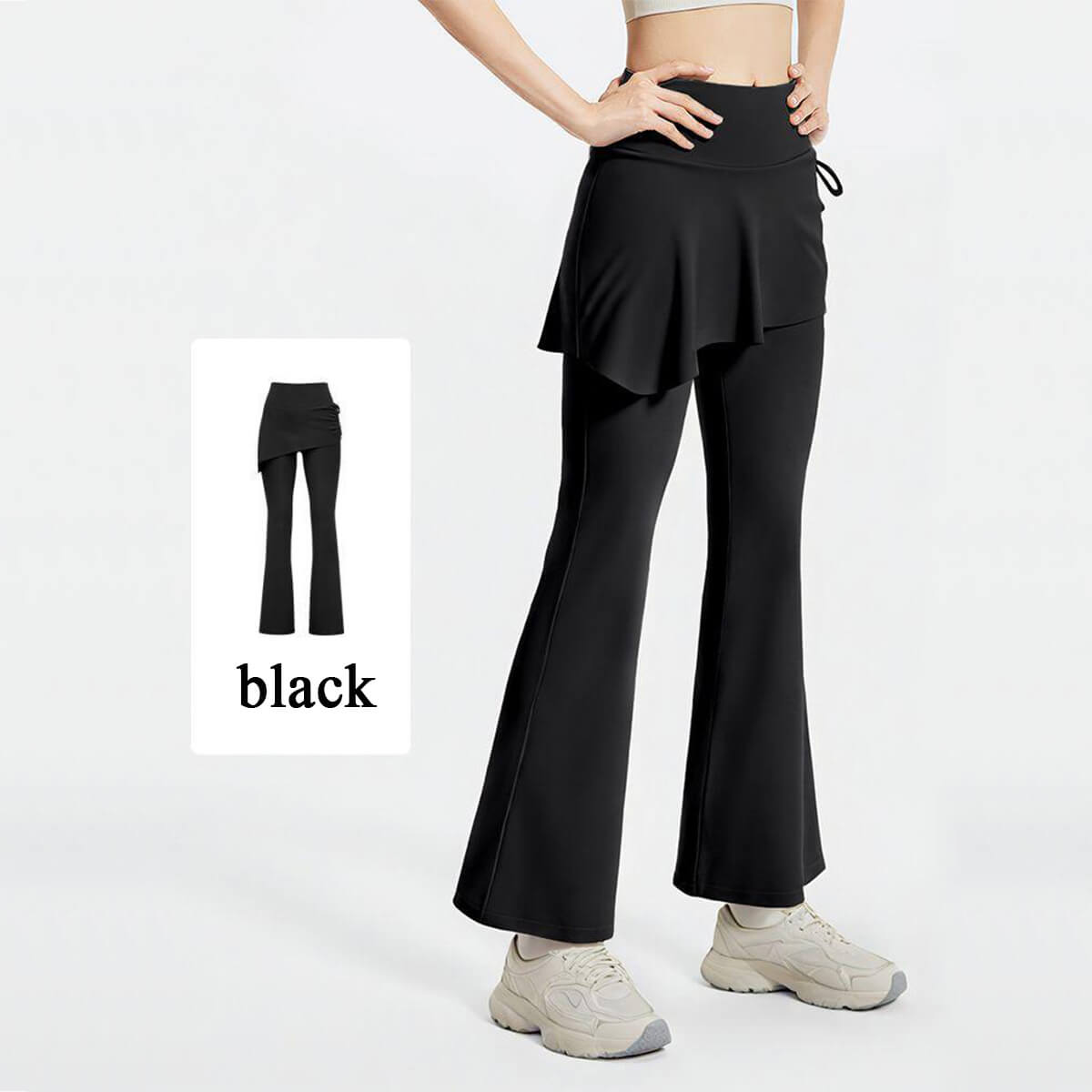 Slimming Black 2-in-1 Skirted Flare Yoga Pants with tummy control waistband and stylish ruffled skirt overlay for modest coverage.