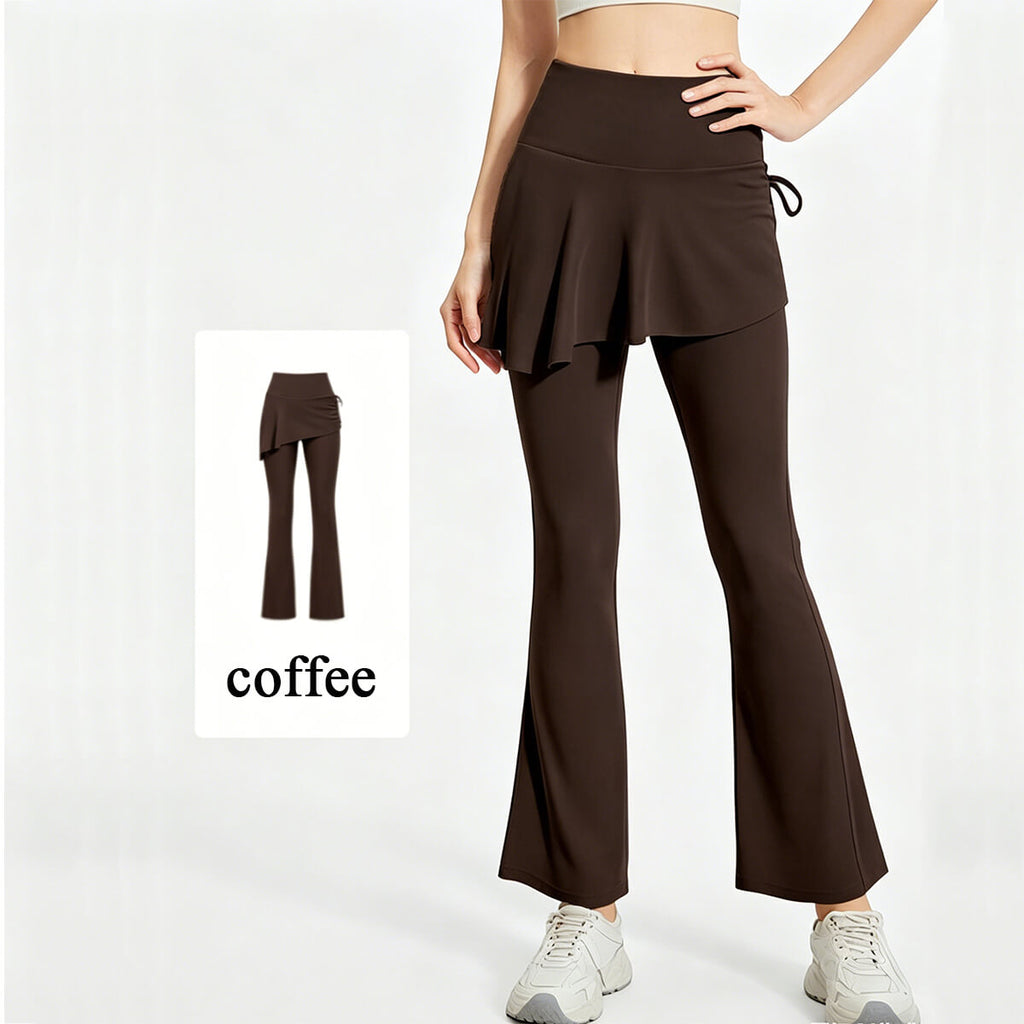 Coffee brown 2-in-1 Ruched Flare Skirted Leggings highlighting the side-tie detail and elegant flare leg silhouette for gym or daily wear.