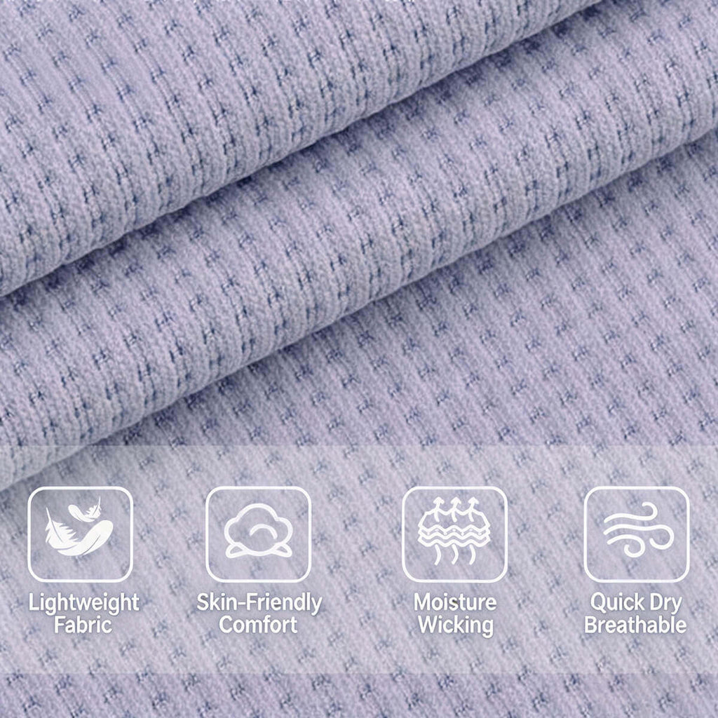 Close-up of lavender textured activewear fabric highlighting features: lightweight, skin-friendly, moisture-wicking, and quick-dry.