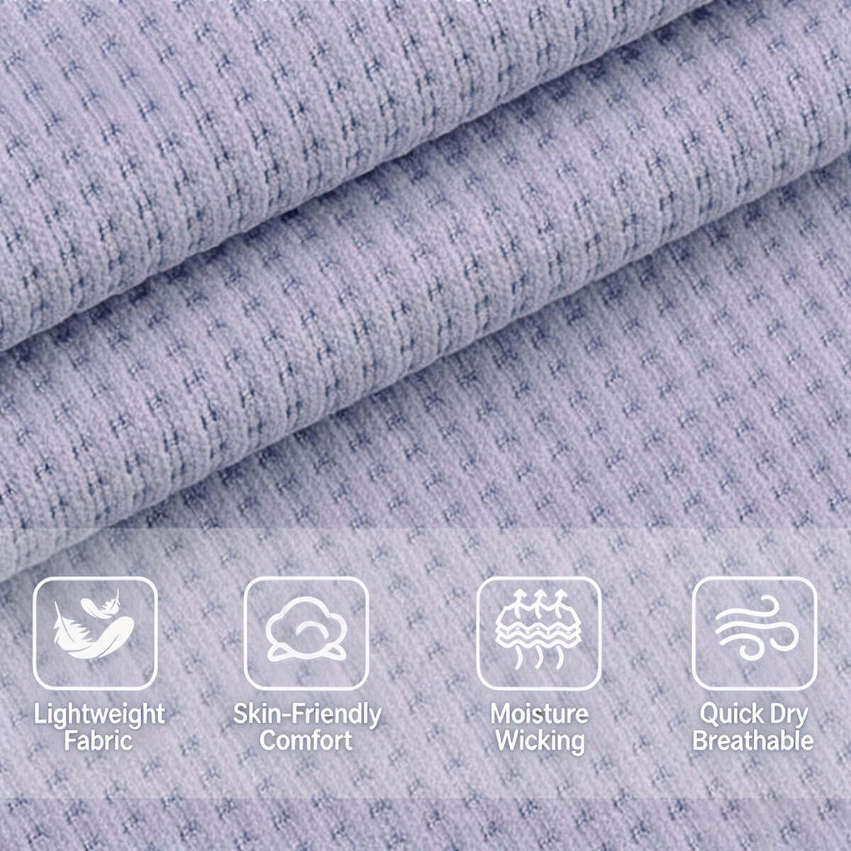 Close-up of lavender textured activewear fabric highlighting features: lightweight, skin-friendly, moisture-wicking, and quick-dry.
