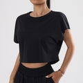 A classic black athletic crop top in a relaxed fit, perfect for workout and lounging.