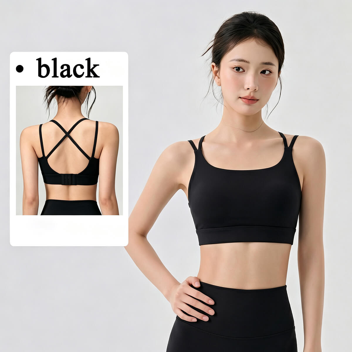 Black sports bra set showing front and criss-cross back views.