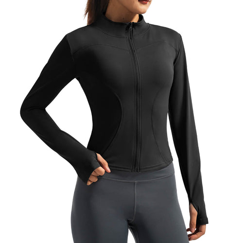 Black full-zip yoga jacket with thumb holes and slim fit - Hipuroga