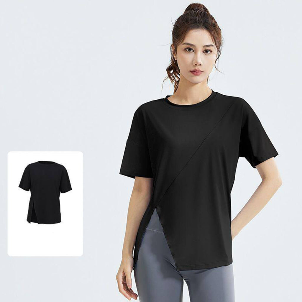 Sleek black moisture-wicking athletic shirt in a loose fit with side split detail, a must-have basic for high-performance exercise.