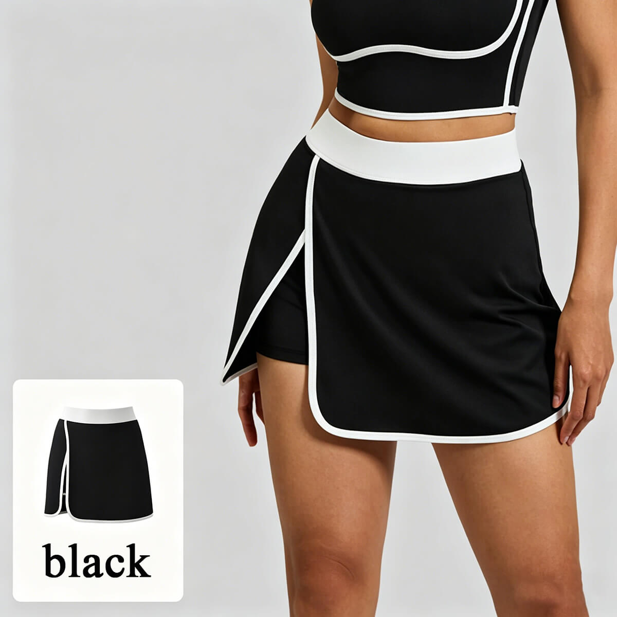 High-waisted black pickleball skirt with white piping trim, perfect for gym workouts, running, or outdoor summer sports.