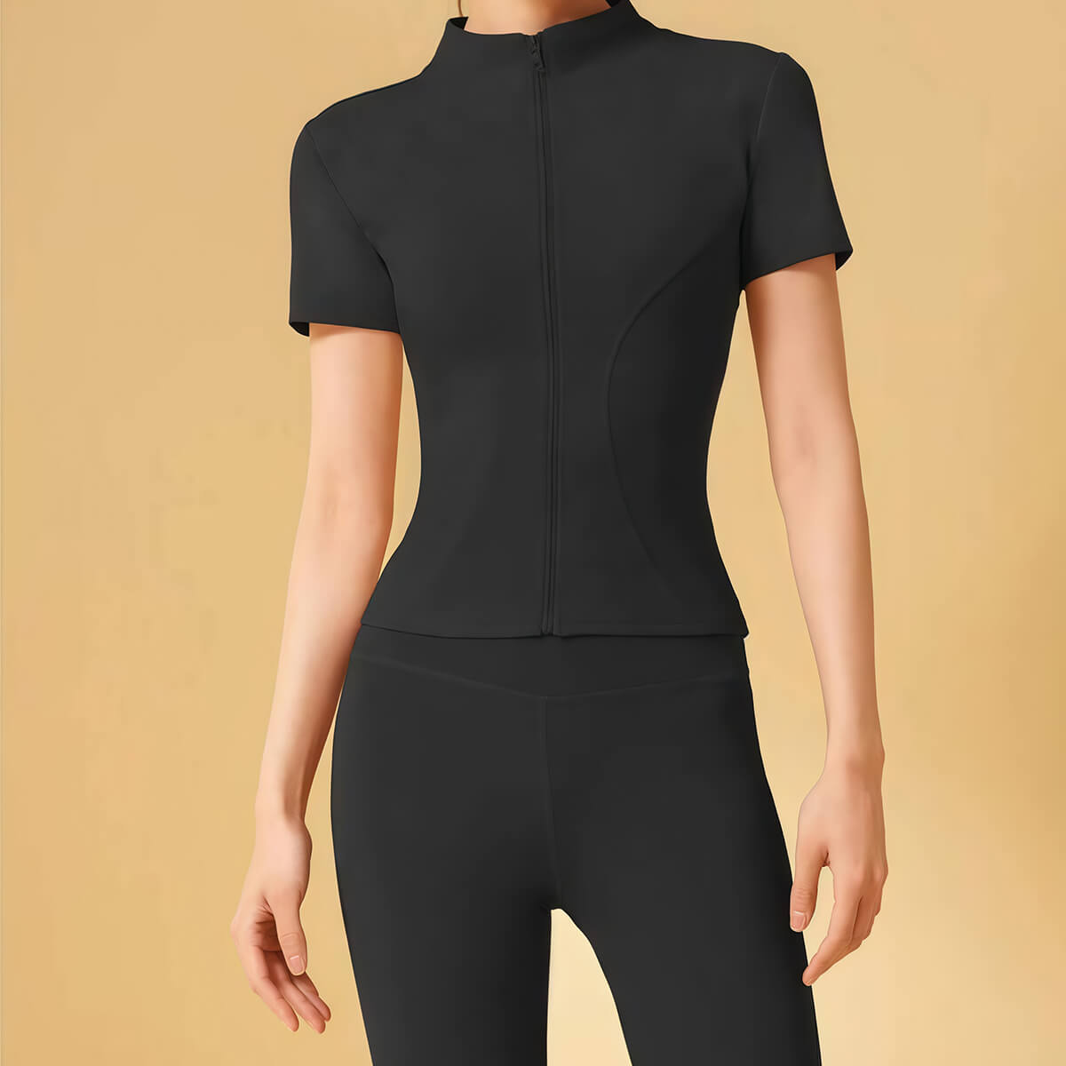 Classic black women's short sleeve fitness top with a mock neck and full zipper, ideal for high-performance workouts.