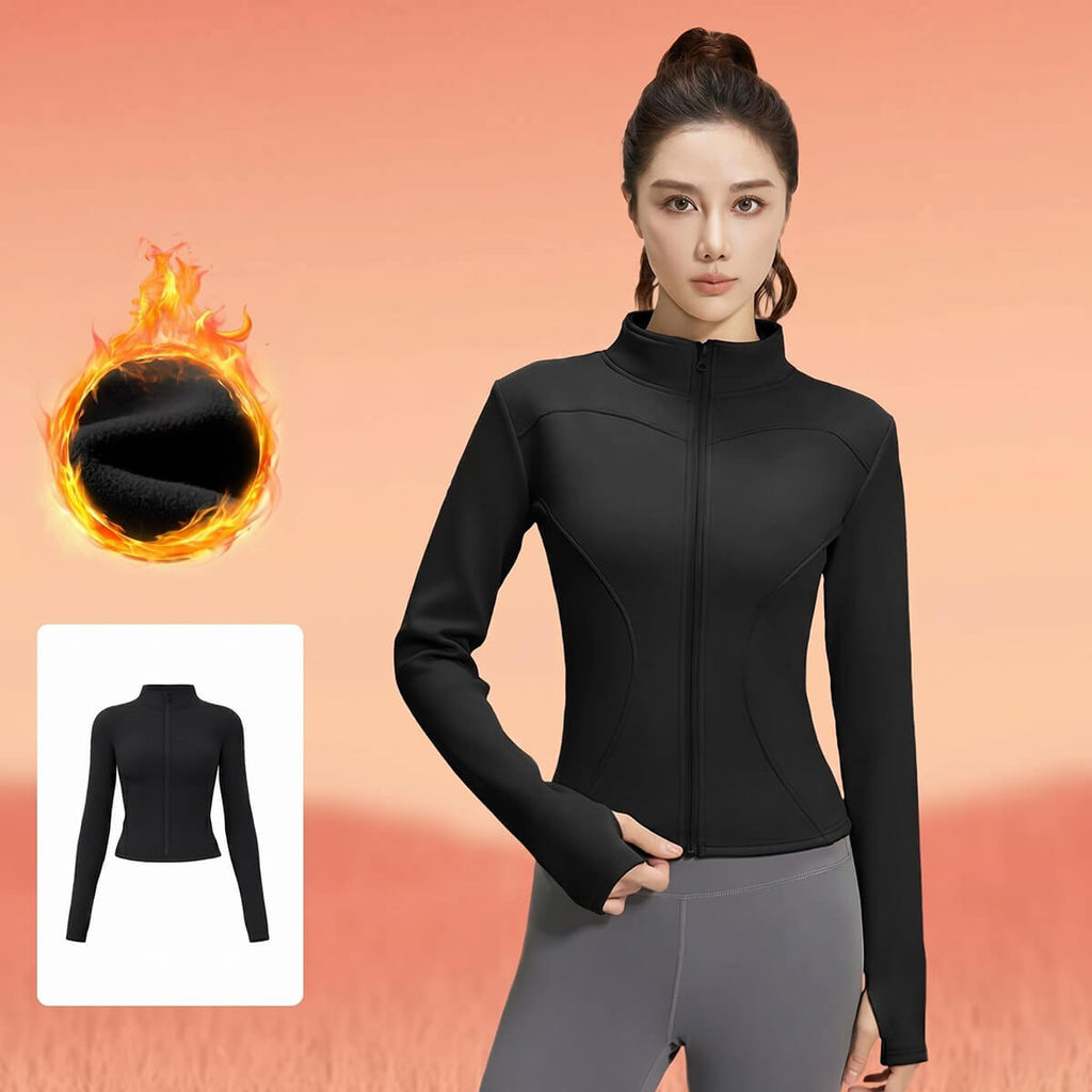 Classic black slim-fit winter gym jacket for women with thumbholes and thermal fleece lining, ideal for outdoor training and hiking