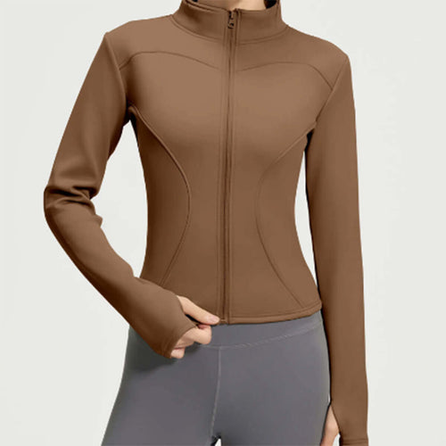 Front view of a women's slim-fit fleece-lined athletic jacket in coffee brown, featuring a full-zip front and mock neck for winter workouts
