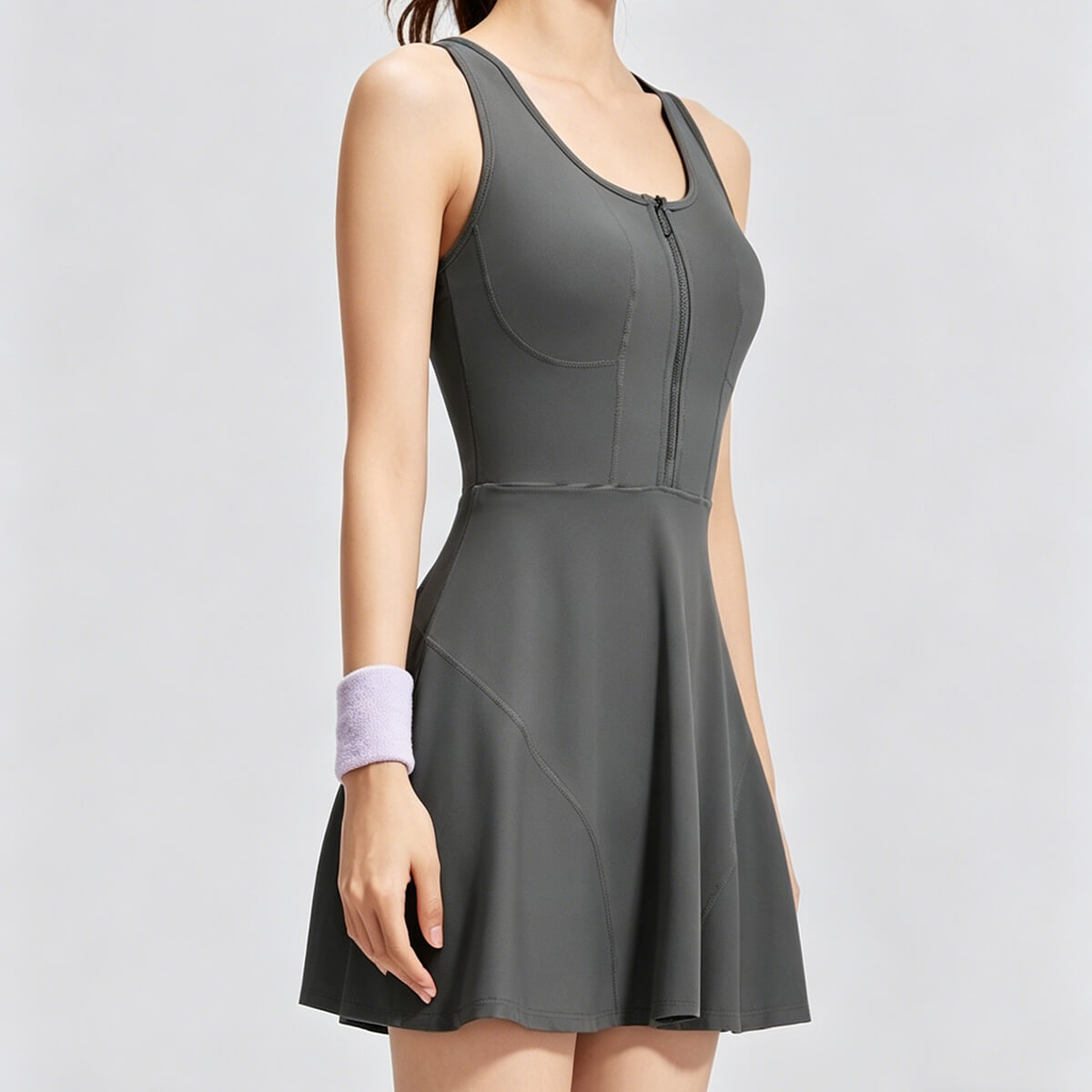 Charcoal grey exercise dress for women, ideal for pickleball or workout, featuring a front zipper