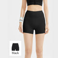 Classic black high-rise yoga shorts with a thick ribbed waistband, versatile for gym sessions, cycling, or casual summer wear.