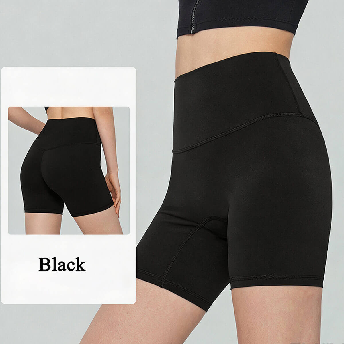 Classic black high-waisted biker shorts for women, perfect for gym sessions, Pilates, or casual athleisure.