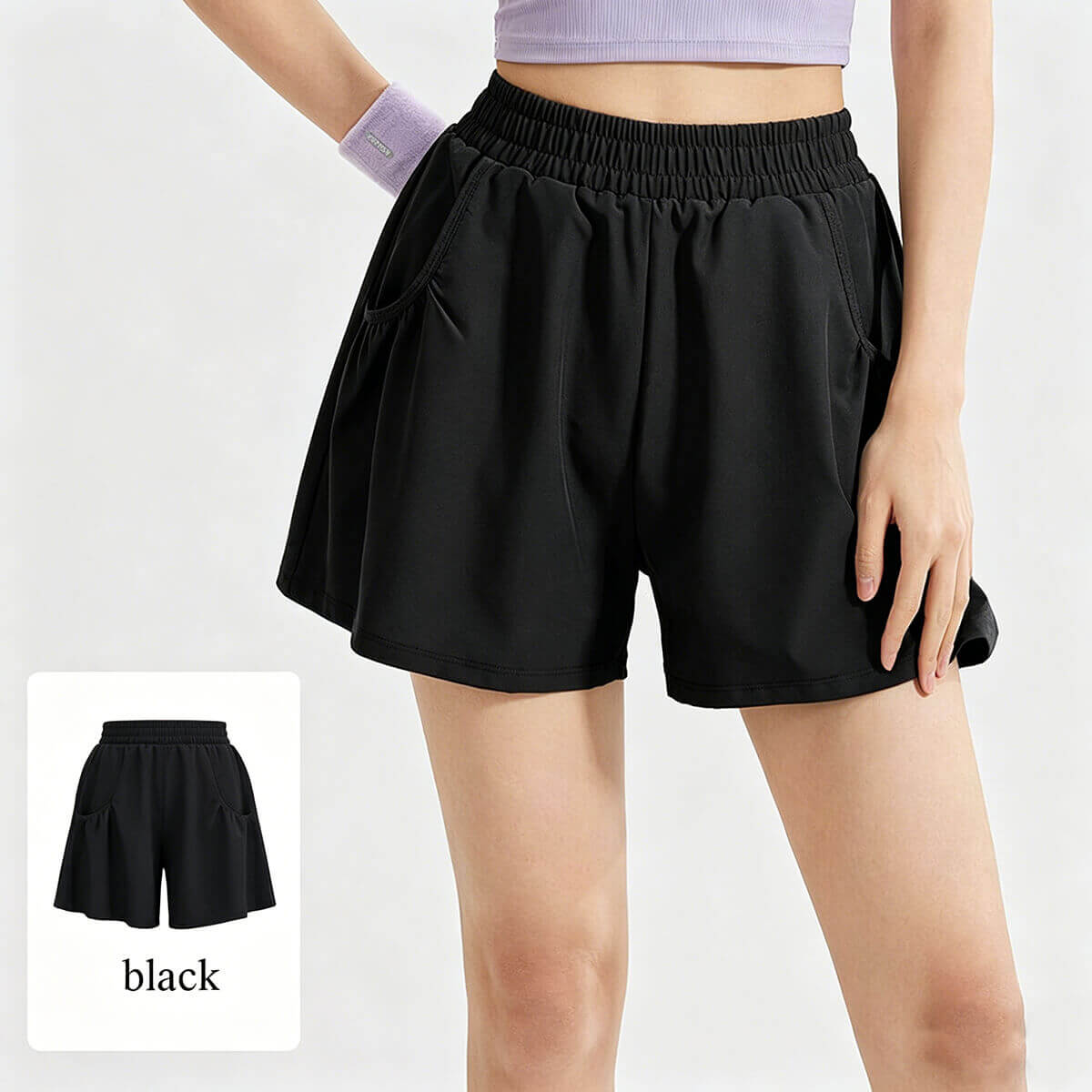 Classic black loose-fit workout shorts for women, featuring a comfortable elastic waist and quick-dry fabric for high-performance training.