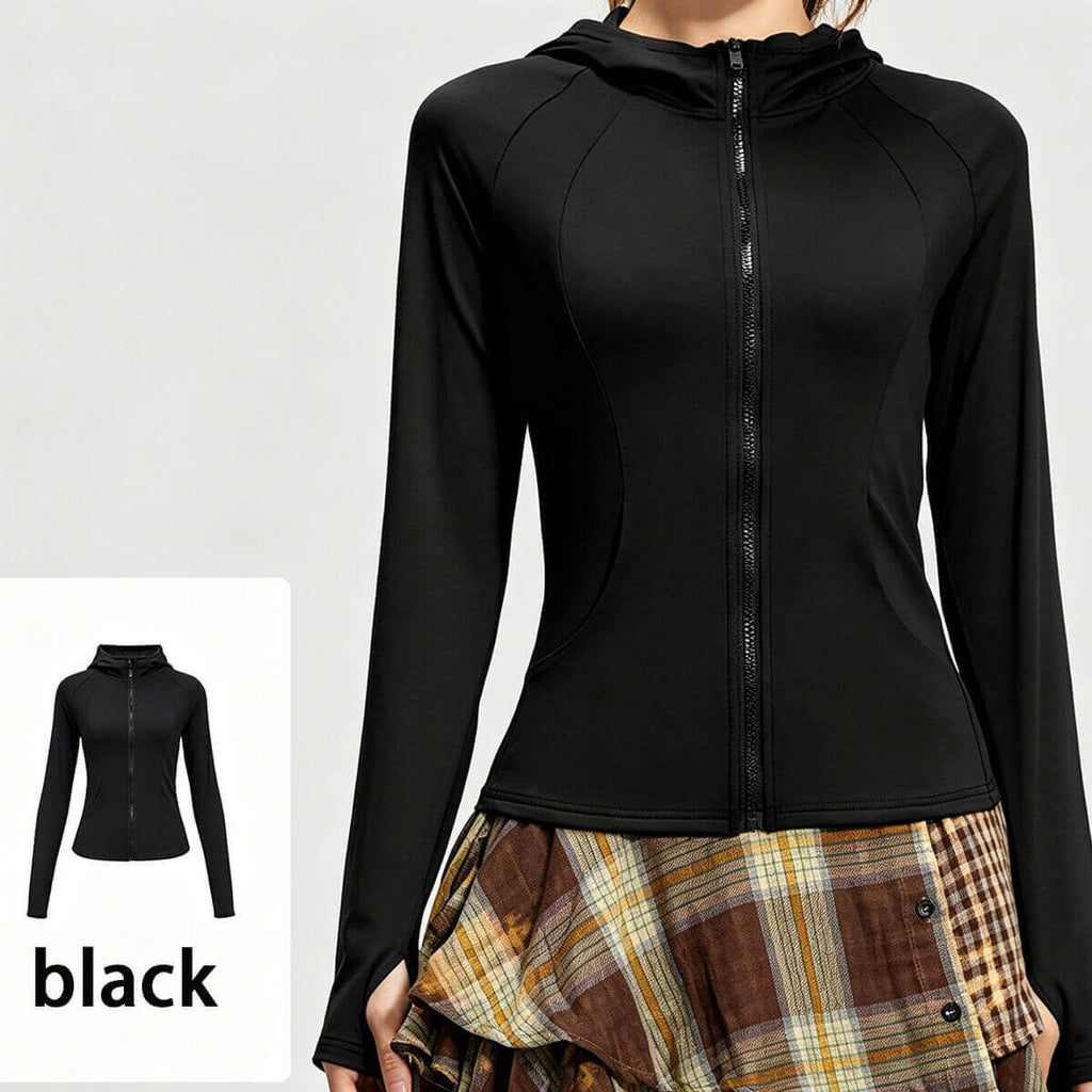 Classic black zip-up athletic hoodie, a versatile slim-fit performance top for summer workouts.