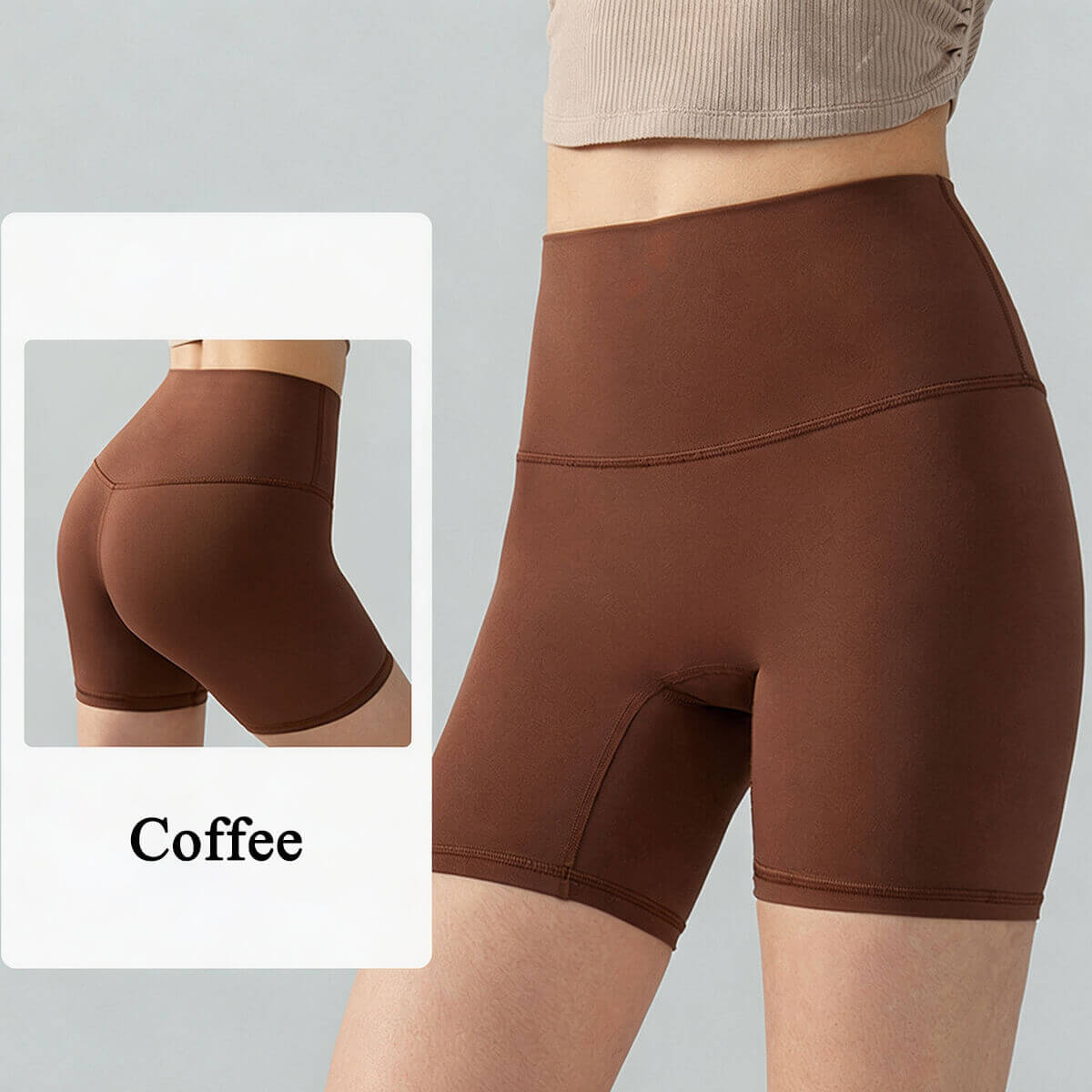 Front and back view of coffee brown high-waisted workout shorts featuring a seamless design and squat-proof fabric.