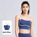Full front view of a dark blue athleisure tank top with white contrast trim, featuring a square neckline and thin straps