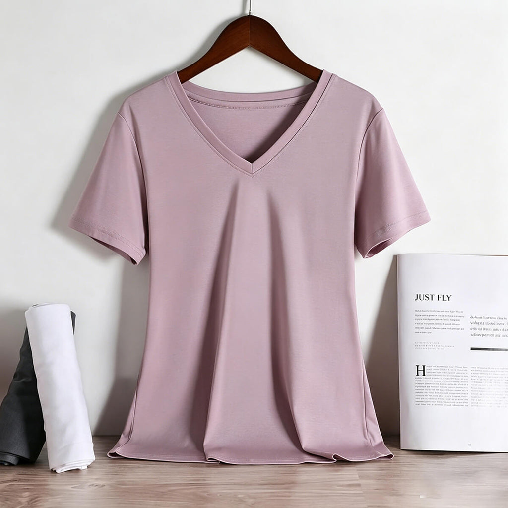 Relaxed fit dusty pink V-neck tee for women, showcasing the smooth and silky texture of 80S long-staple cotton.
