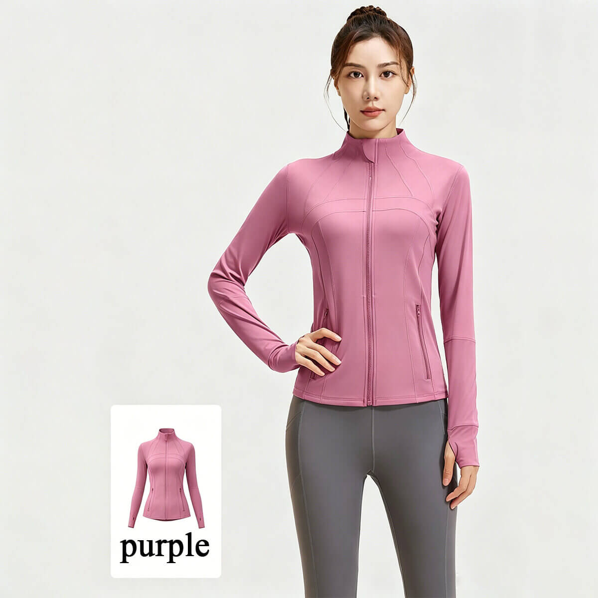 Women's full zip workout jacket in mauve purple, lightweight and flexible for gym and yoga.