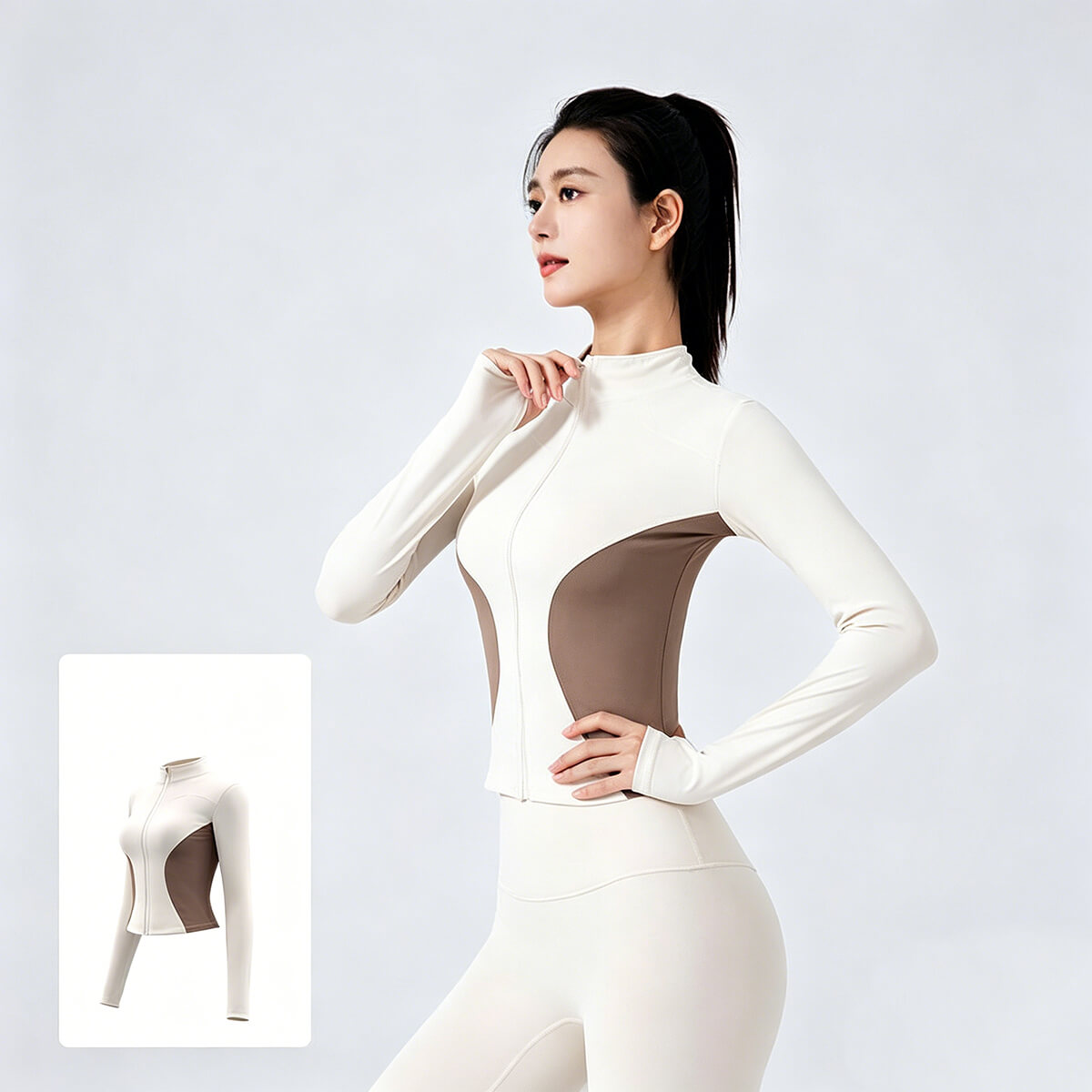 Full body view of a model wearing a beige and brown color-block yoga running jacket, perfect for gym workouts and outdoor sports.