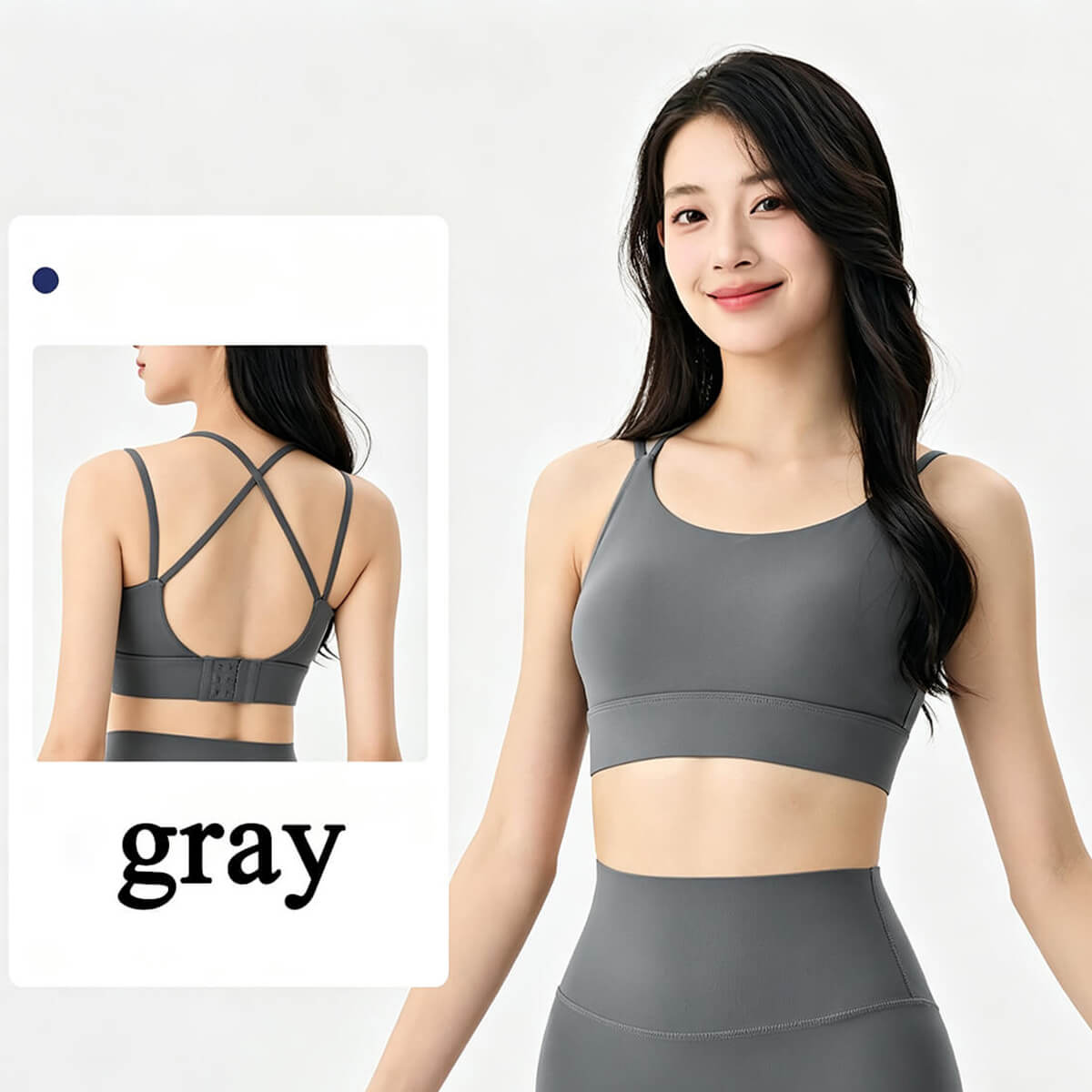 Gray sports bra set showing front and criss-cross back views.