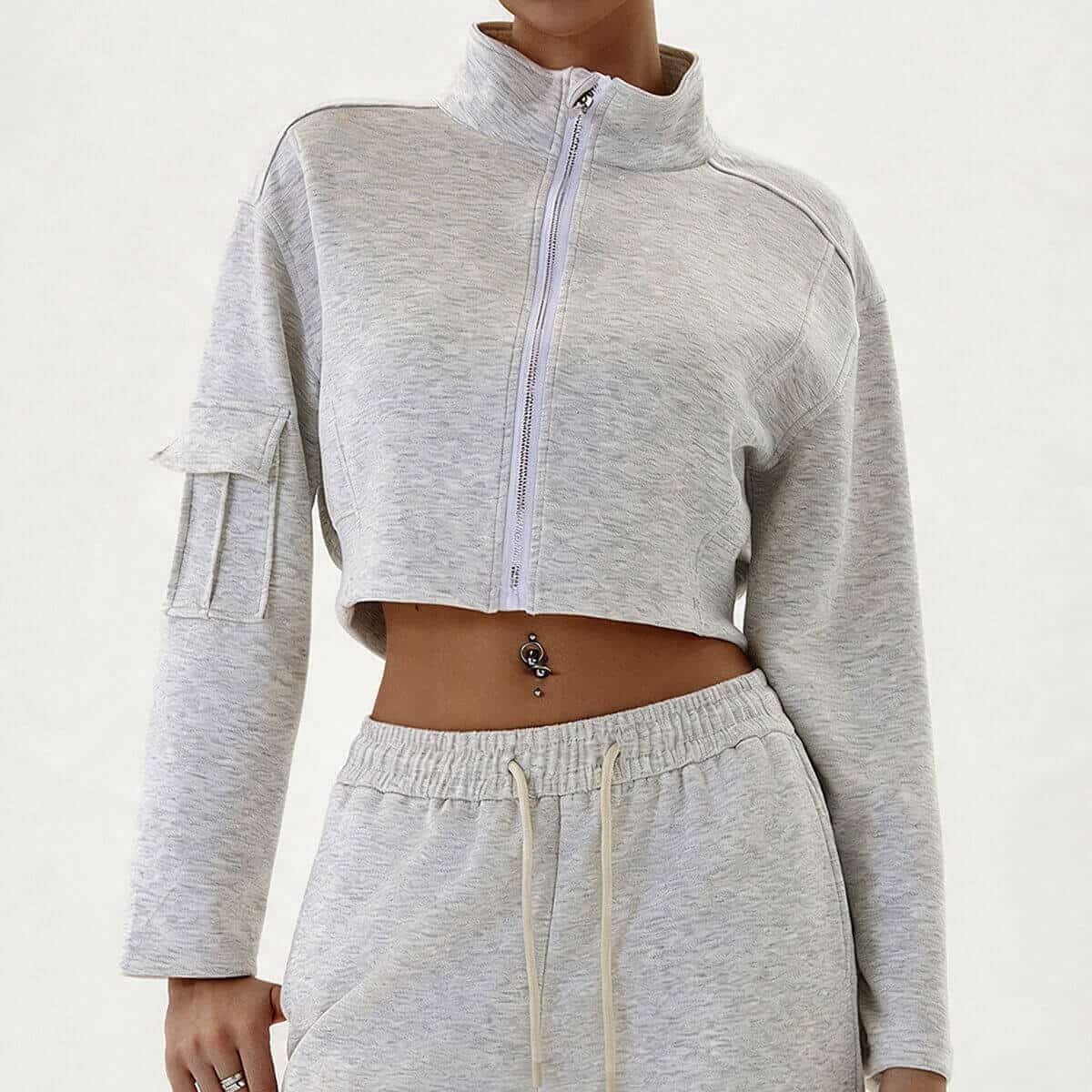 Heather gray cropped zip-up jacket and cargo jogger set, perfect for a casual streetwear look.