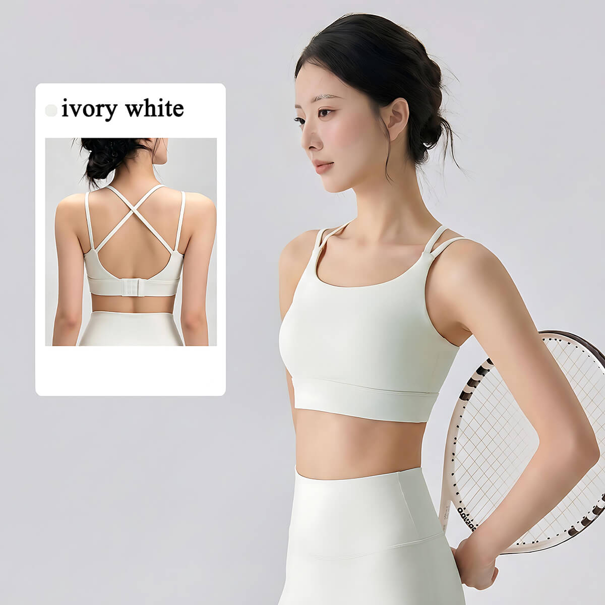 Ivory white sports bra set with tennis racket, front and back views.