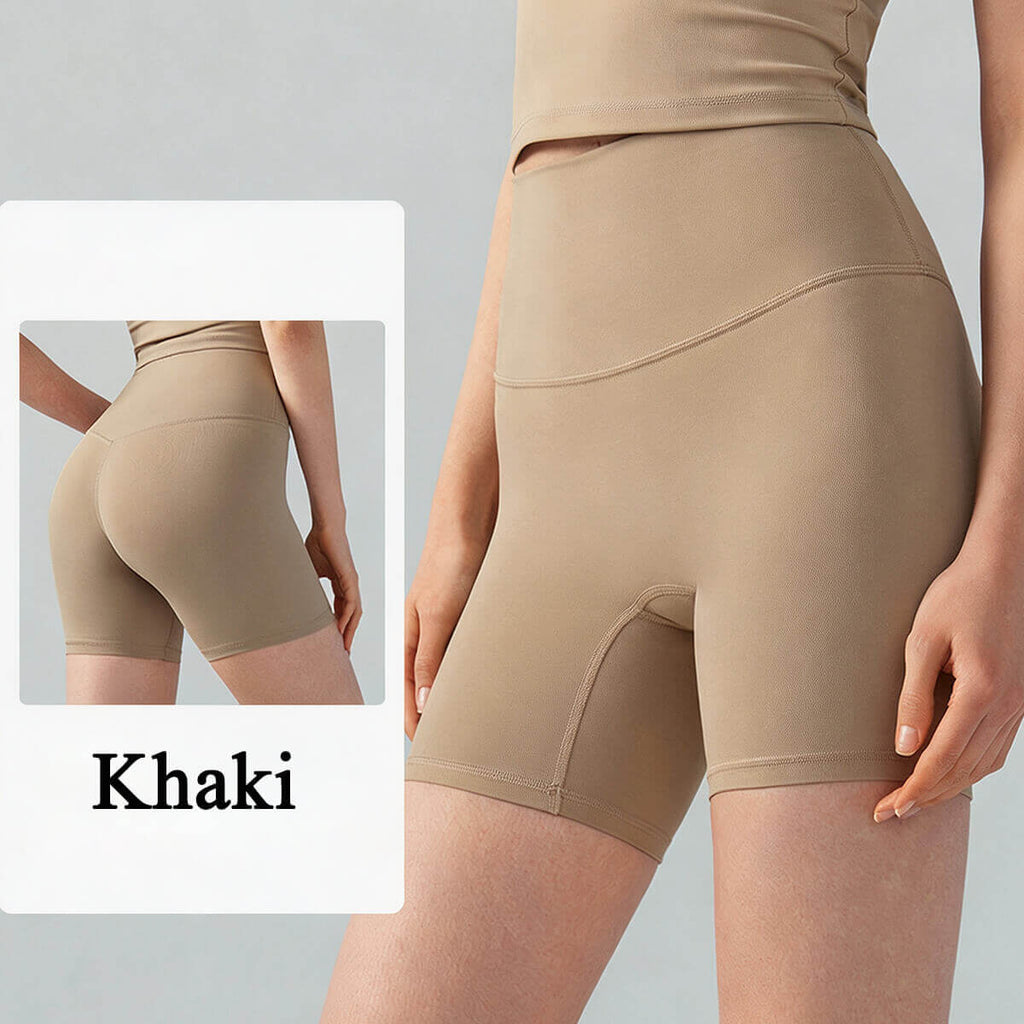 Women's khaki nude-feel yoga shorts, showcasing the high-rise waistband and breathable athletic fabric.