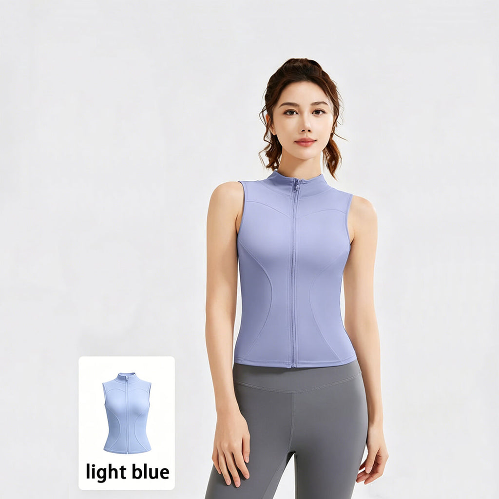 Light blue full-zip sleeveless yoga tank top with a protective stand collar for outdoor fitness and training.