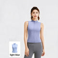 Light blue full-zip sleeveless yoga tank top with a protective stand collar for outdoor fitness and training.