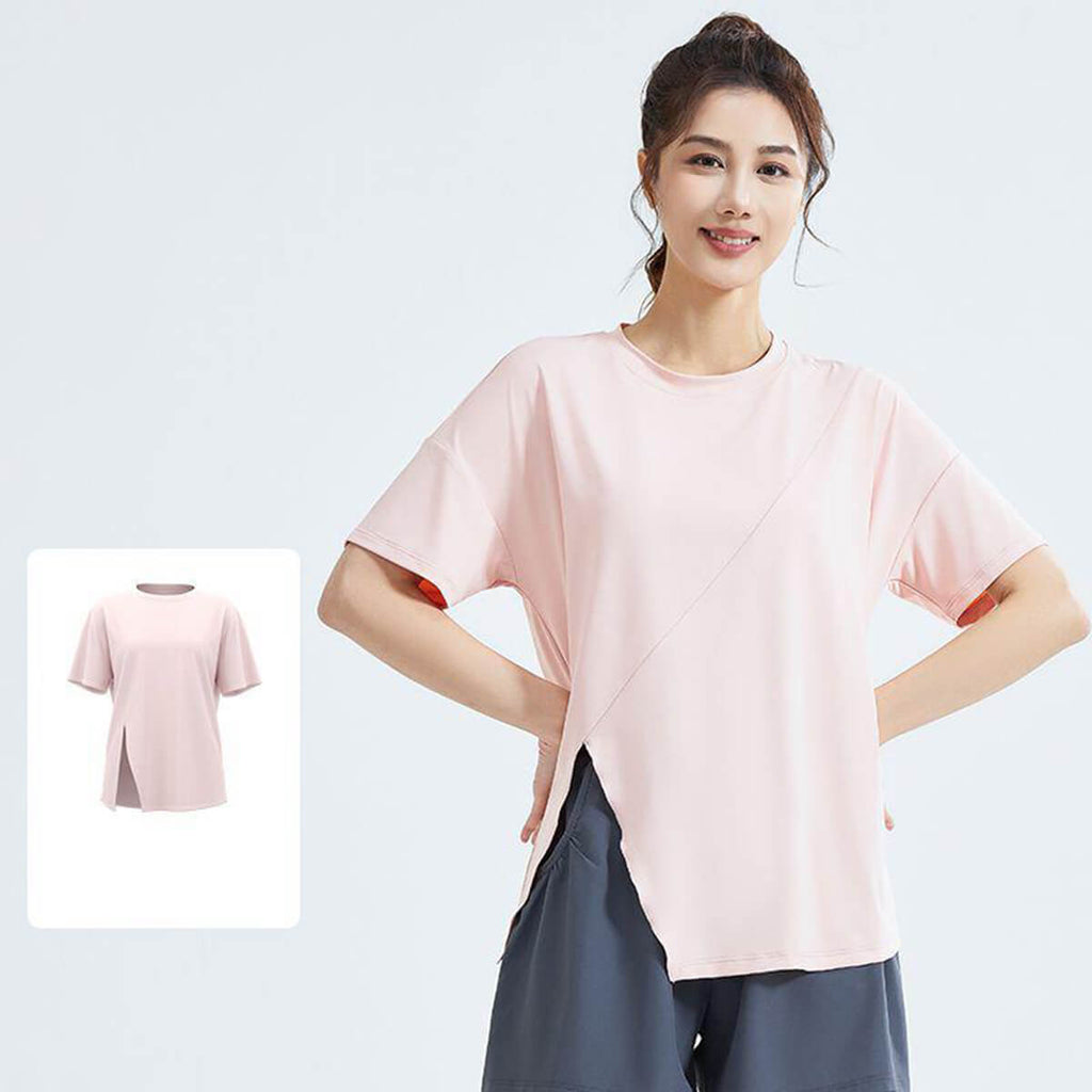 Soft light pink breathable running top for women featuring a crew neck and casual oversized silhouette for everyday activewear.
