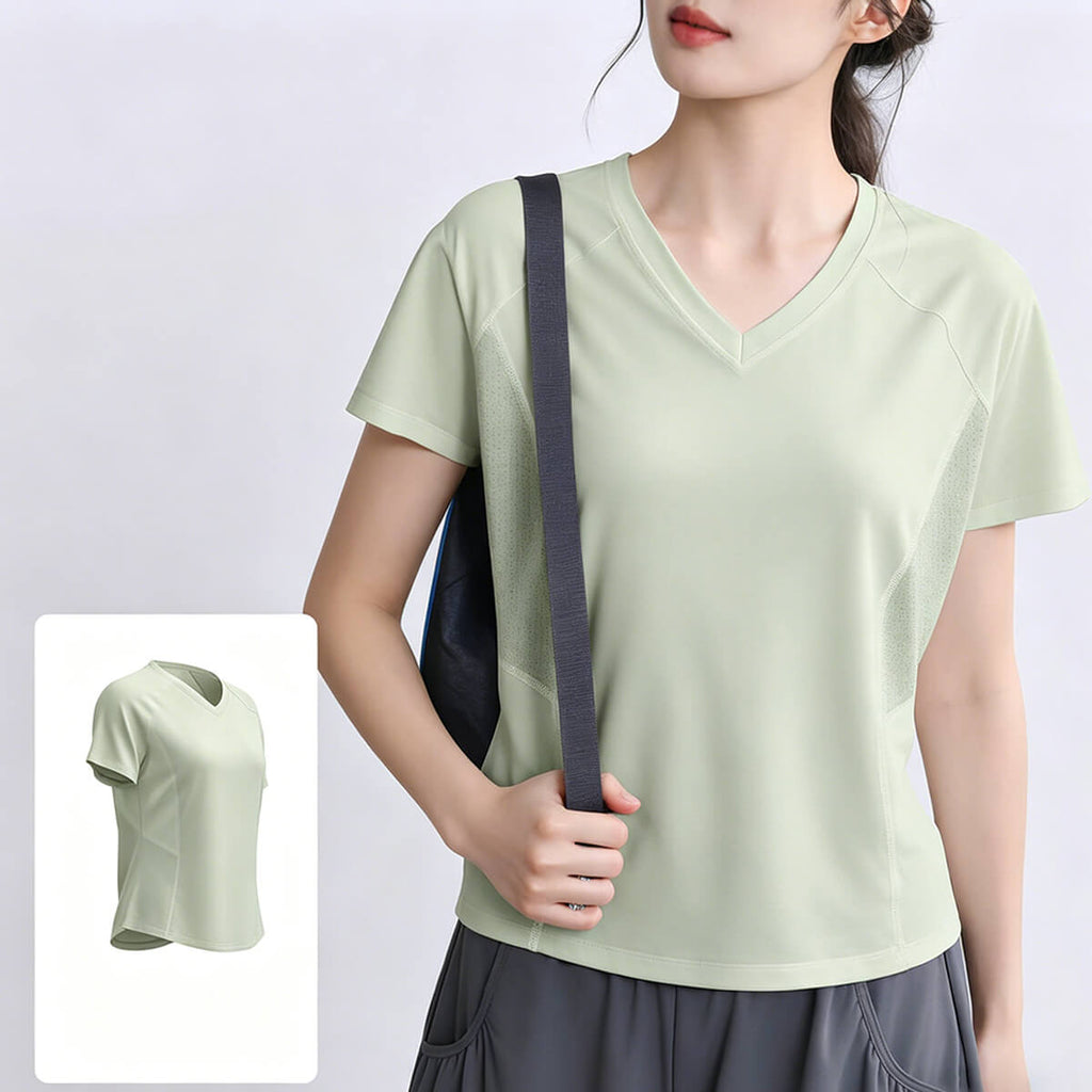 Mint green lightweight women's running top with a loose comfortable fit and breathable side mesh inserts for intense training.
