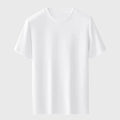 Front view of men's blank crewneck short sleeve t-shirt in white with custom logo printing, produced by clothing manufacturer.