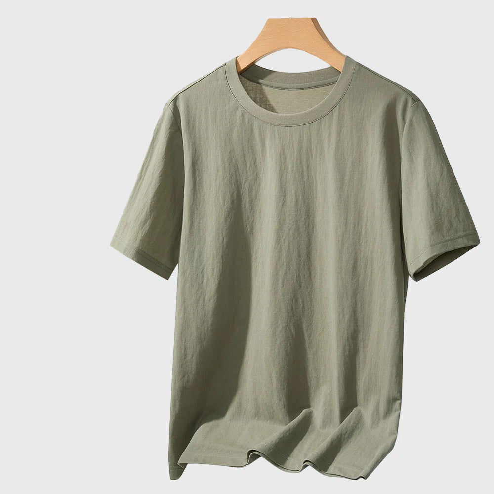 Men's lightweight breathable linen cotton short sleeve shirt in sage green with custom logo, fitness clothing manufacturer - front view.
