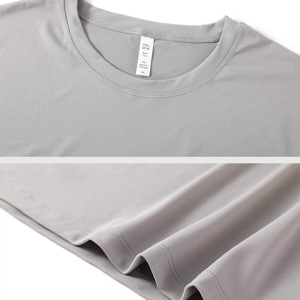 Close-up detail of the moisture-wicking, breathable fabric and stitching on an athletic top.
