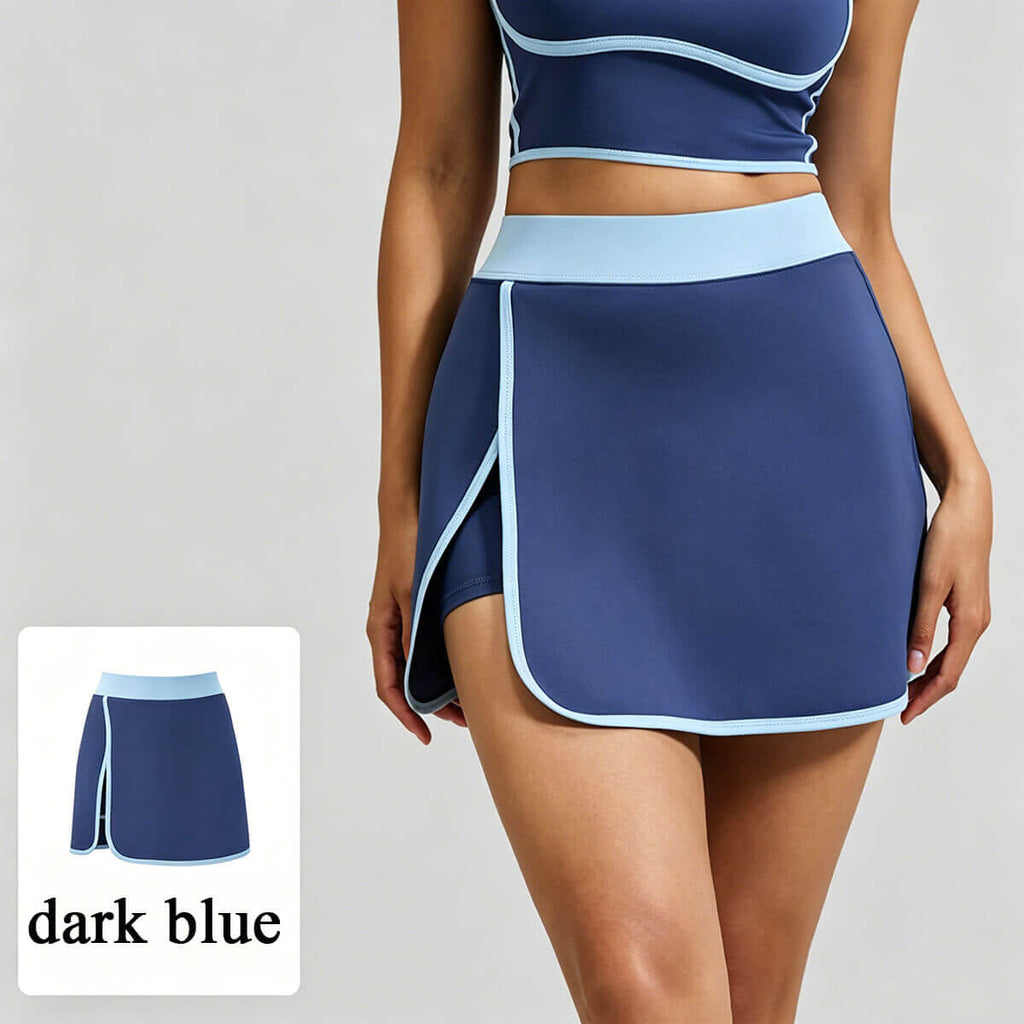 Navy and light blue color-block athletic skort, a trendy and versatile women's activewear piece for tennis and golf