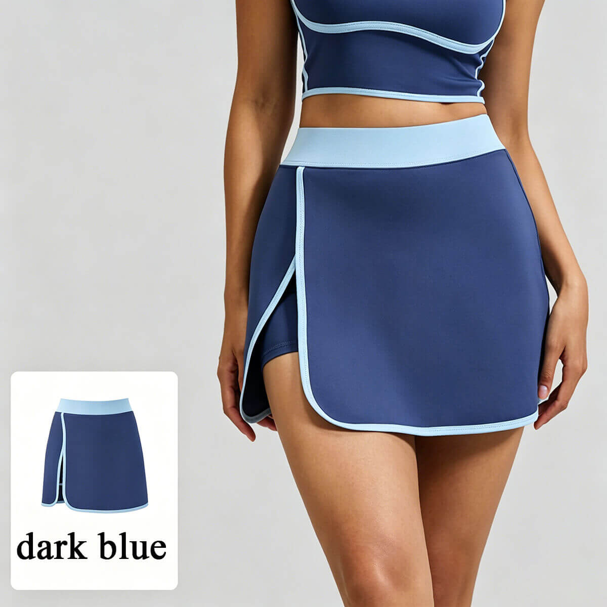 Navy and light blue color-block athletic skort, a trendy and versatile women's activewear piece for tennis and golf