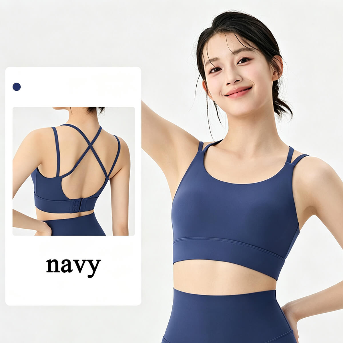 Navy blue sports bra set showing front and criss-cross back views