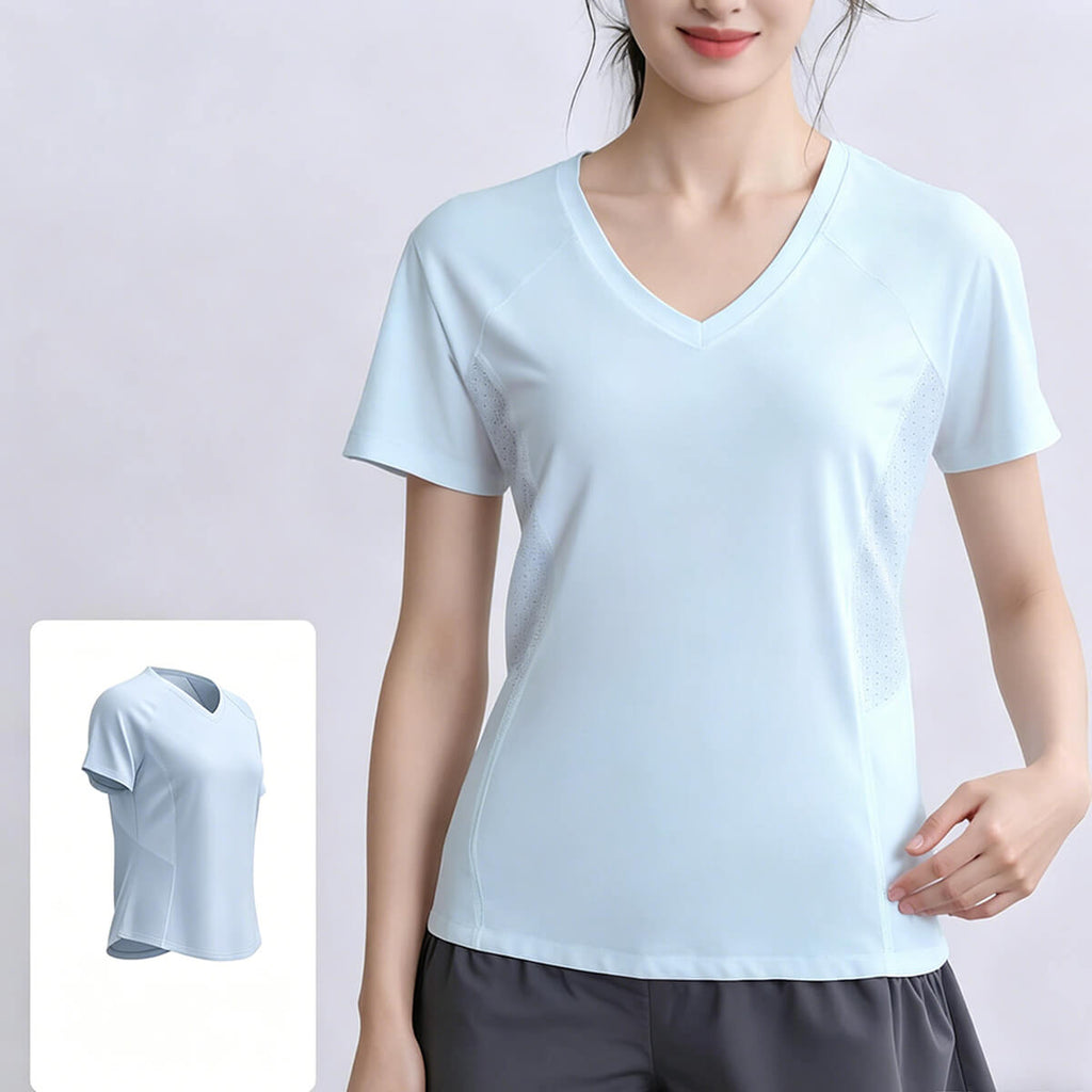 A pale blue moisture-wicking activewear shirt for women featuring a V-neck and cooling mesh sections, perfect for gym and outdoor sports.