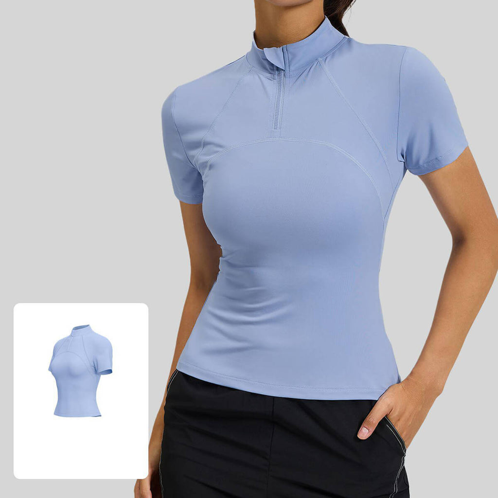 Light blue quarter-zip fitness top for women, designed for yoga, training, and moisture-wicking comfort.